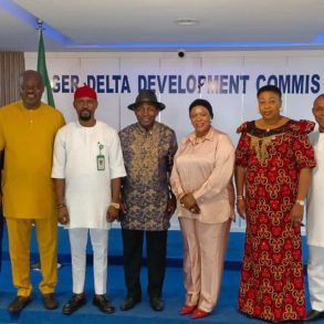 From right: Imo State Commissioner for Sports, Chief Obinna Onyeocha; Permanent Secretary, Rivers State Ministry of Sports, Kelvin Nweke; Permanent Secretary, Akwa Ibom State Ministry of Sports, Lady Nsa Bassey; Cross River Commissioner for Sports, Mrs Agnes Atsu; Bayelsa State Commissioner for Sports, Daniel Igali; Special Assistant on Sports to Abia State Governor, Hon Onyebuchi Chukwu; Rivers State Commissioner for Sports, Barr Chris Green; Executive Director, Edo State Sports Commission, Hon Frank Ilaboya; and Director of Planning, Research and Innovation, Ondo State Ministry of Sports, Akinwunmi Kayode, at the Niger Delta Sports Festival stakeholders meeting with the NDDC