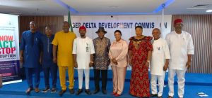 From right: Imo State Commissioner for Sports, Chief Obinna Onyeocha; Permanent Secretary, Rivers State Ministry of Sports, Kelvin Nweke; Permanent Secretary, Akwa Ibom State Ministry of Sports, Lady Nsa Bassey; Cross River Commissioner for Sports, Mrs Agnes Atsu; Bayelsa State Commissioner for Sports, Daniel Igali; Special Assistant on Sports to Abia State Governor, Hon Onyebuchi Chukwu; Rivers State Commissioner for Sports, Barr Chris Green; Executive Director, Edo State Sports Commission, Hon Frank Ilaboya; and Director of Planning, Research and Innovation, Ondo State Ministry of Sports, Akinwunmi Kayode, at the Niger Delta Sports Festival stakeholders meeting with the NDDC