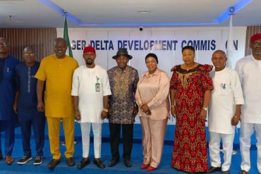 From right: Imo State Commissioner for Sports, Chief Obinna Onyeocha; Permanent Secretary, Rivers State Ministry of Sports, Kelvin Nweke; Permanent Secretary, Akwa Ibom State Ministry of Sports, Lady Nsa Bassey; Cross River Commissioner for Sports, Mrs Agnes Atsu; Bayelsa State Commissioner for Sports, Daniel Igali; Special Assistant on Sports to Abia State Governor, Hon Onyebuchi Chukwu; Rivers State Commissioner for Sports, Barr Chris Green; Executive Director, Edo State Sports Commission, Hon Frank Ilaboya; and Director of Planning, Research and Innovation, Ondo State Ministry of Sports, Akinwunmi Kayode, at the Niger Delta Sports Festival stakeholders meeting with the NDDC