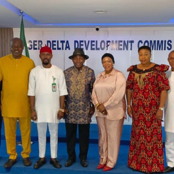 From right: Imo State Commissioner for Sports, Chief Obinna Onyeocha; Permanent Secretary, Rivers State Ministry of Sports, Kelvin Nweke; Permanent Secretary, Akwa Ibom State Ministry of Sports, Lady Nsa Bassey; Cross River Commissioner for Sports, Mrs Agnes Atsu; Bayelsa State Commissioner for Sports, Daniel Igali; Special Assistant on Sports to Abia State Governor, Hon Onyebuchi Chukwu; Rivers State Commissioner for Sports, Barr Chris Green; Executive Director, Edo State Sports Commission, Hon Frank Ilaboya; and Director of Planning, Research and Innovation, Ondo State Ministry of Sports, Akinwunmi Kayode, at the Niger Delta Sports Festival stakeholders meeting with the NDDC