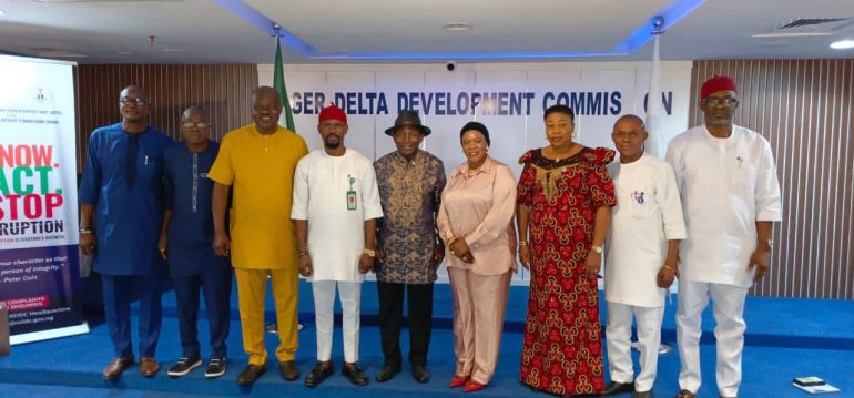 From right: Imo State Commissioner for Sports, Chief Obinna Onyeocha; Permanent Secretary, Rivers State Ministry of Sports, Kelvin Nweke; Permanent Secretary, Akwa Ibom State Ministry of Sports, Lady Nsa Bassey; Cross River Commissioner for Sports, Mrs Agnes Atsu; Bayelsa State Commissioner for Sports, Daniel Igali; Special Assistant on Sports to Abia State Governor, Hon Onyebuchi Chukwu; Rivers State Commissioner for Sports, Barr Chris Green; Executive Director, Edo State Sports Commission, Hon Frank Ilaboya; and Director of Planning, Research and Innovation, Ondo State Ministry of Sports, Akinwunmi Kayode, at the Niger Delta Sports Festival stakeholders meeting with the NDDC